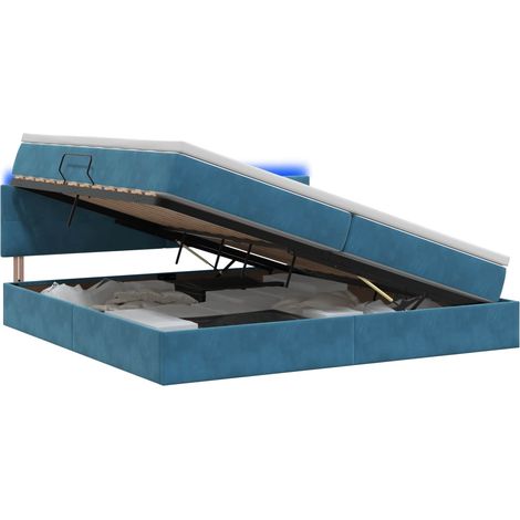 Lit coffre LED avec matelas à ressorts ensachés bleu foncé 200 x 200 cm en velours, tête de lit réglable et rangement spacieux (1/5)