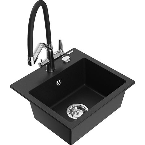Mexen Milo 1-Becken-Granitspüle mit Mischbatterie Duo, Schwarz - 6505-77-671701-07 (1/5)