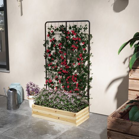 Hochbeet mit Rankgitter, Innenfutter aus Vlies, Naturholz, Stahl, 80x38x145 cm, Schwarz