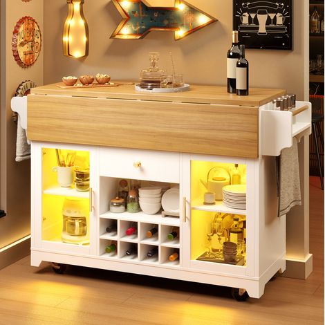 Carrello da cucina 120x40x95 cm in MDF bianco con LED RGB e piani ribaltabili - CHICFURN (1/5)