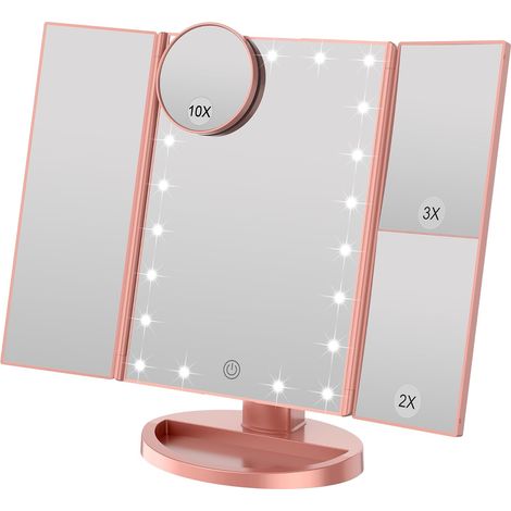 Makeup mirror with adjustable brightness, 22 LEDs and 1X/2X/3X magnification, dual power supply mode (rose gold) (1/5)