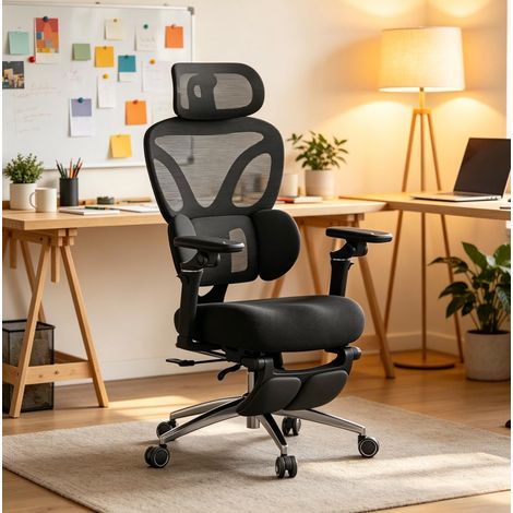 Sedia da ufficio ergonomica 49x68,5x123,5 cm in mesh nero con poggiapiedi - MEUBLIV (1/5)
