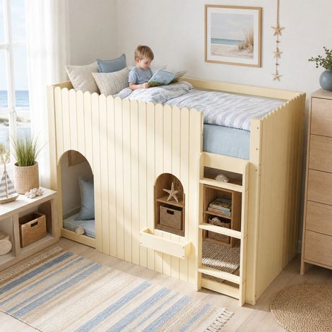 Kinder-Hochbett 90 x 200 cm Natur mit gerader Leiter und Absturzsicherungen HAVRYA (1/5)