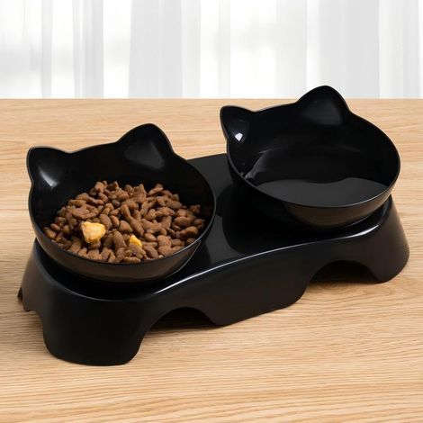 Double gamelle pour chat avec support surélevé – Mangeoire et abreuvoir surélevés et antidérapants pour chats (1/2)