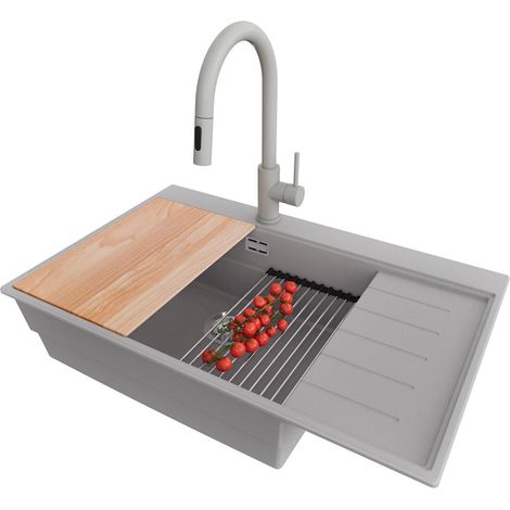 PRIMAGRAN Evier Cuisine en Granit 78x50cm,Lavabo 1 bac + Robinet 40x20cm + Kit de Vidage + Accessoires, Évier à Encastrer au meuble 60cm - Sydney, Gris