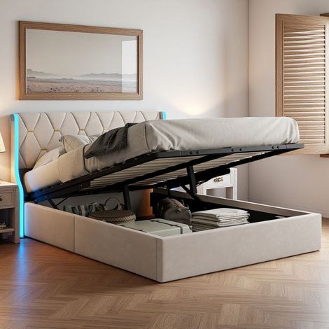 Beige Velours Bett mit 140x200 cm - Integrierte RGB-LED, Lattenrost, hydraulisch