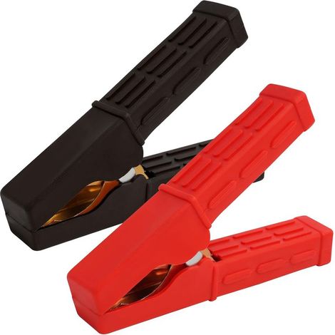 2 Pièce Pinces Crocodile en Cuivre Isolées pour Batterie de Voiture, Camion, Fourgon - Pinces de Démarrage avec Poignées en Caoutchouc, Code Couleur Rouge/Noir pour Tests et Urgences Automobiles (1/5)