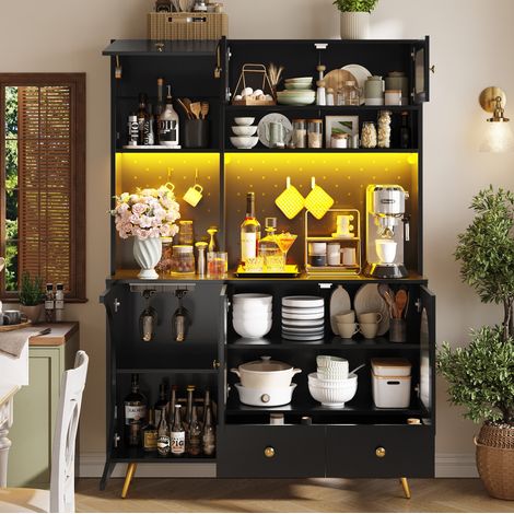 Armadio alto da cucina 120x40x176 cm nero in MDF e vetro con LED, prese AC/USB, portabottiglie e cassetto (1/5)