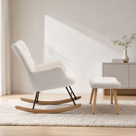 Poltrona a Dondolo con Rivestimento in Lana Beige e Poggiapiedi Integrato 91×61×88 cm (1/5)