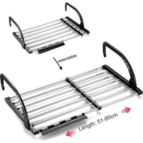 Séchoir à Linge Balcon/Radiator/Mural,Etendoir à Linge Pliable en Acier Inoxydable, Télescopique Sèche Linge Suspendu (Longueur: 51-95 cm), Etendoir Chaussette Coupe-Vent Inclus (1/4)