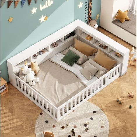 CHICFURN lit plateforme d angle avec bureau bibliotheque et tete de lit LED blanc 90 x 200 (1/5)