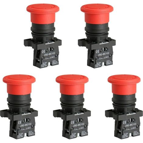 royaluxe -Interrupt à bouton-poussoir ZB2-BE102C 22mm NC N/C arrêt d'urgence champignon rouge 600V 10A (5 pièces) (1/5)