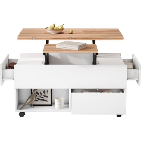 Table basse Blanc, plateau relevable, roulettes, 100 x 50 x 52 cm, particle board, moderne, pratique, avec rangement, pour salon (1/5)