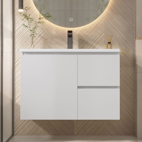 URBAN MEUBLE Meuble de Salle de Bain Suspendu 76cm avec Vasque, Éclairage LED à Capteur, 2 Tiroirs et Étagères, Blanc (robinet non inclus) (1/5)
