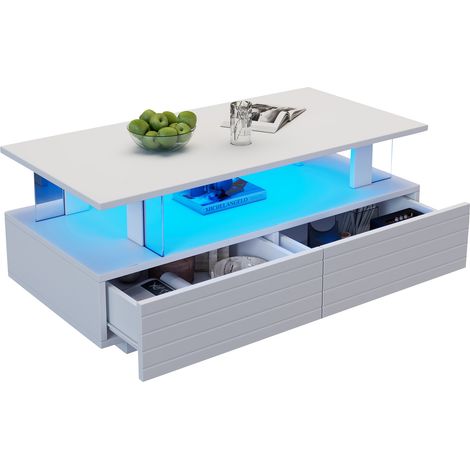 Table basse LED blanche avec rangement, table de salon en acrylique avec contrôle Bluetooth via application, table d’appoint rectangulaire double couche, adaptée fêtes et bureaux (1/5)