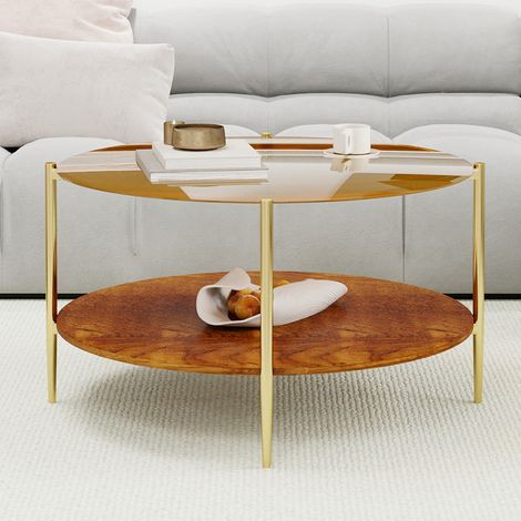 Table basse de salon minimaliste et moderne, dotée d'un plateau rond en verre doré associé à une base en bois, à la fois esthétique et pratique. (1/4)
