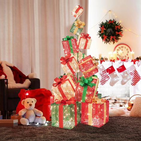 COSTWAY Set Scatole Regalo Illuminate di Natale da 170 cm, Torre di Scatole Regalo con 450 Luci Bianche Calde, Decorazioni Natalizie a Luce per Interni ed Esterni (1/5)