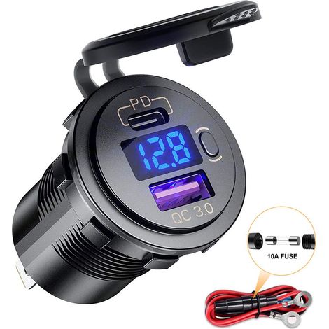 Prise USB voiture 12V DaierTek 48W étanche à encastrer, chargeur USB-C PD 20W et double QC 3.0 avec voltmètre pour auto, bateau, camping-car (1/5)