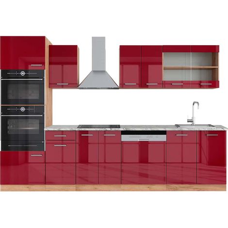 Cucina componibile R-Line, Bordeaux lucido/rovere dorato, 300 cm con armadio alto, PL Marmo, Vicco