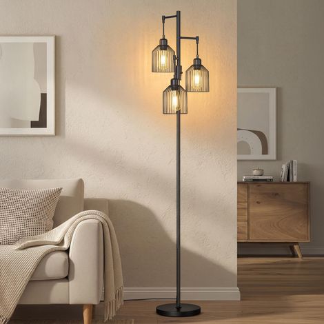Lampadaire sur Pied, Lampe sur Pied, avec 3 Ampoules, Intensité Réglable, Abat-Jour en Métal, 3 Douilles E27, Noir d'Encre LFL013BD02 (1/5)