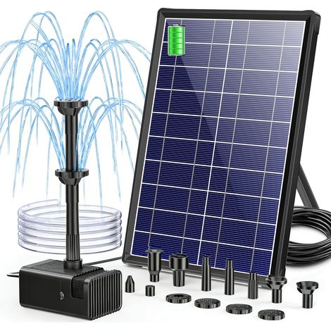 Solar Pond Pump with Battery, 8W, 300L/H, Quiet, with 8 Nozzles, Outdoor Solar Fountain with Outflow Pipe for Garden Ponds, Ventilation up to 500L (1/5)