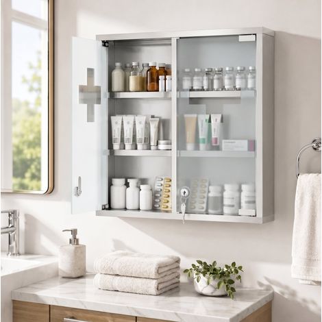 Armadietto medicinali con serratura, 2 chiavi, porta in vetro, 6 ripiani, 48 x 46 x 12 cm, argento (1/5)