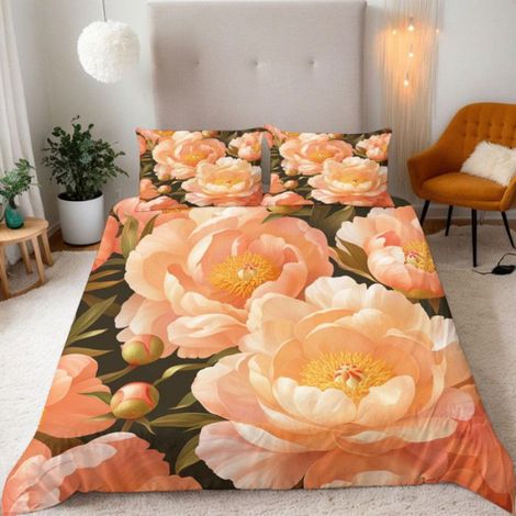 Housse De Couette - Microfibre - Imprimé Pivoine Rose - 140x200 cm - 3 Pièces - Pour Adultes Et Enfants (1/5)