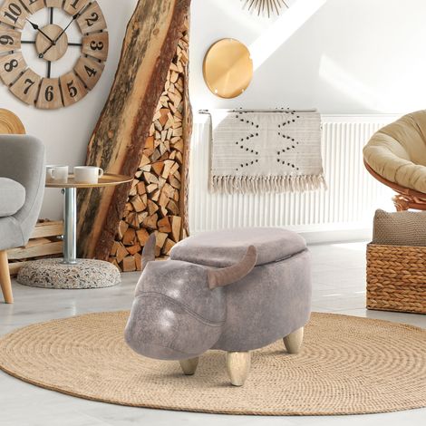 Tabouret Vache - Pouf Vachette - Pieds Bois d'hévéa revêtement synthétique Aspect Daim Vieilli Marron - Pouf Taureau Coffre de Rangement 2 1