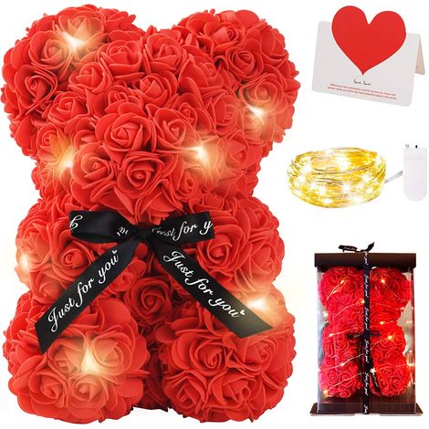 Ours en peluche orné de roses, coffret cadeau, guirlande lumineuse et carte de vœux, rose artificielle rouge.
