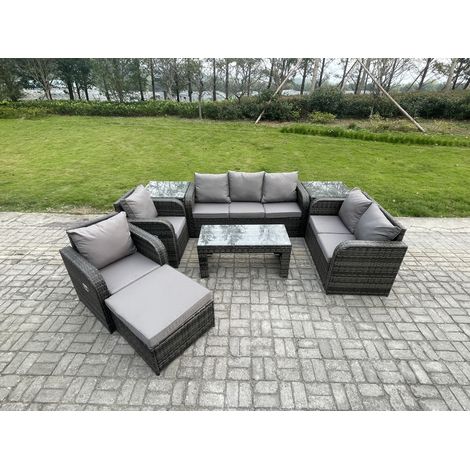 Fimous Polyrattan Gartenmöbelset Rattan Lounge Sofa Set mit Rechteckiger Couchtisch 2 Beistelltischen 2 Großer Hockern Dunkelgrau Gemischt (1/5)
