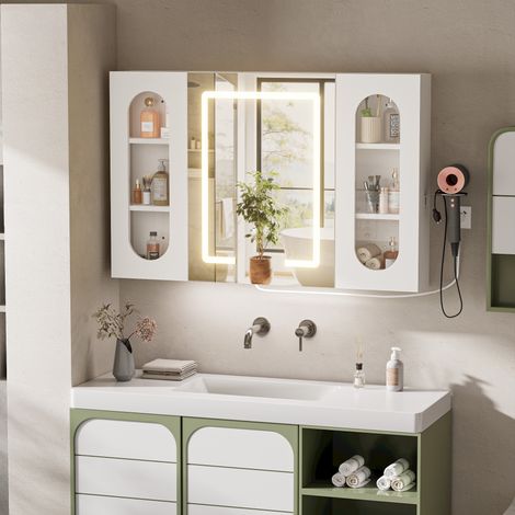 Armoire miroir antibuée 3 portes LED 3 couleurs charge USB AC bois prise UE finition blanche (1/5)