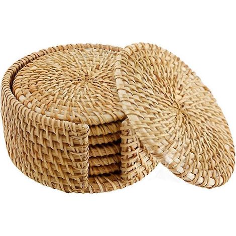 Dessous de verre en rotin tressé à la main, dessous de verre bohèmes en bois avec support pour protéger votre table, lot de 6 dessous de verre vintage (1/5)