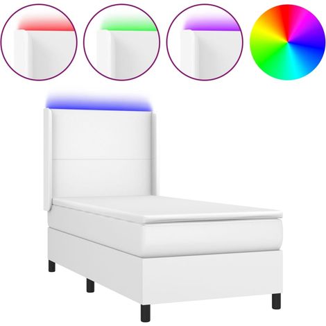 Lit simple Lit adulte Sommier à lattes de lit matelas LED Blanc 100x200 cm Similicuir