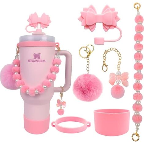 Kit d'accessoires Coupe Stanley avec chaînette à billes, paille en forme de fleur et pompon rose M
