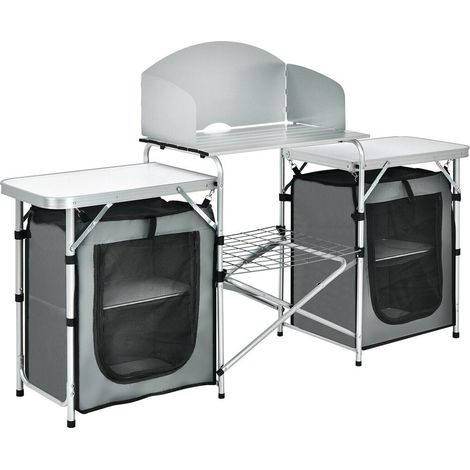 Table de camping pliante en aluminium et acier, avec rangement et pare-vent, plateau résistant à la chaleur pour barbecue (1/5)