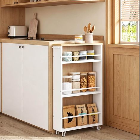 Chariot de cuisine étroit à 3 étagères, meuble gain de place blanc avec 4 roulettes et poignée, idéal pour cuisine, salon ou bureau - CHICFURN (1/5)