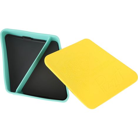 Boîte à pizza carrée en silicone, réutilisable et chauffante, idéale pour les pique-niques. Couleur vert menthe avec couvercle jaune. (1/5)
