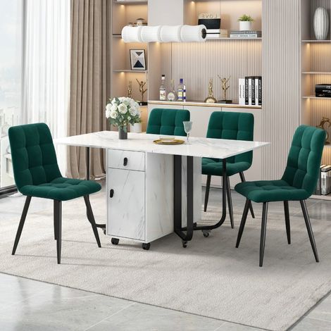 Ensemble table à manger pliable 150x80 cm avec 4 chaises en velours vert