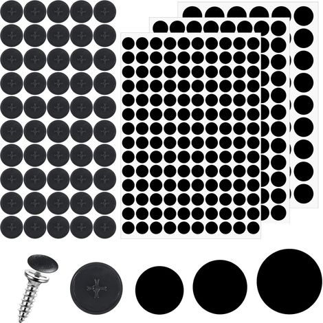 Lot de 290 cache-vis autocollants noirs 12/15/21 mm + 50 capuchons ronds pour vis - Trou de vis autocollant pour bureaux, armoires murales, meubles (1/5)