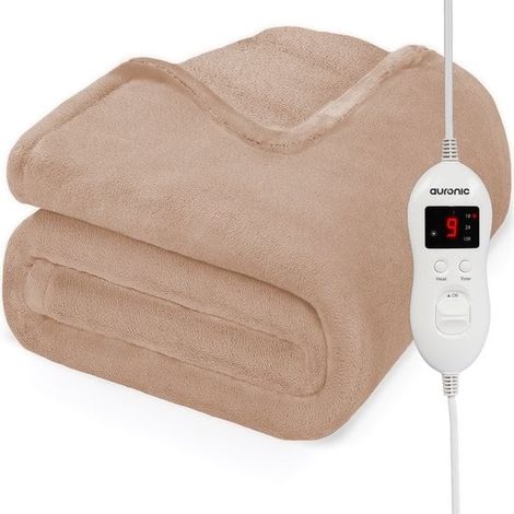 [JAMAIS UTILISE] Auronic Couverture électrique Auronic - Couverture chauffante - 9 niveaux de chaleur - 2 personnes - 200x150 - Marron clair