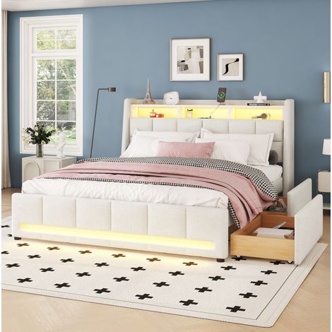 lit adulte rangement 140x200 lin beige LED USB MDF app HAVRYA (1/5)