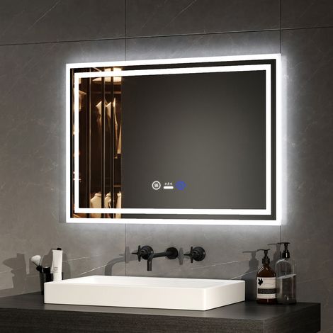 EMKE LED Badezimmerspiegel mit Anti Beschlag 50x70cm Bewegungssensor 3 Lichtfarben Dimmbar Doppel Satinierter Rand