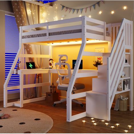 Lit mezzanine moderne en bois blanc 90x200 cm avec bureau en L, LED, USB, escalier de rangement et sommier à lattes