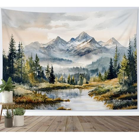 Tapisserie Murale Nature Paysage Tenture Murale Arbres verts Forêt Montagne grise Décorations pour Maison Salon Chambre Dortoir,200x150cm (1/5)