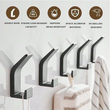 Crochets muraux à coller, porte-serviettes salle de bain 6 pièces, crochets pour montage mural sans perçage, patères sans perçage, inoxydable, aluminium, mat (1/4)