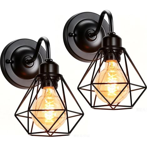 2 pack Appliques Murales Vintage Industrielle Noir Diamant Cage en Métal Plafonnier Luminaire Rétro Applique Intérieure Décoration pour Salon Cuisine Couloir Chambre Café Bar (160mm-2packs) (1/5)