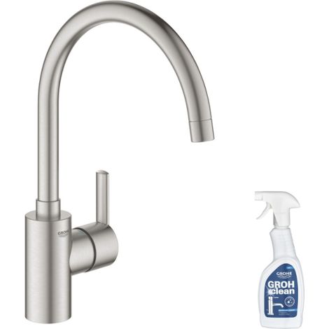 GROHE Feel Mezclador de cocina Supersteel caño alto + limpiador GrohClean (1/2)