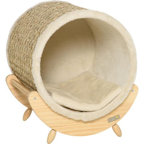 Grotte pour chat avec surface à griffer comprenant un coussin et un griffoir cylindrique, 41 cm x 38 cm x 43 cm, naturel et beige