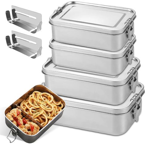 Set di 4 portapranzi in acciaio inox con scomparti, 550 ml, 850 ml, 1400 ml, portapranzi in acciaio inox con coperchio, scatole bento in acciaio inox 304 con scomparti (1/5)