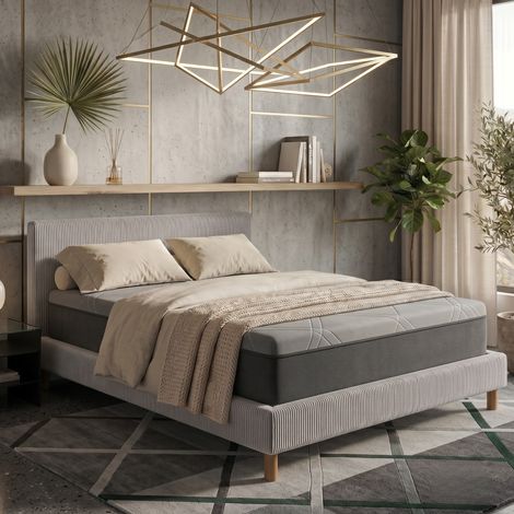 Lit velours côtelé 90x190 cm avec tête de lit coloris gris (1/4)